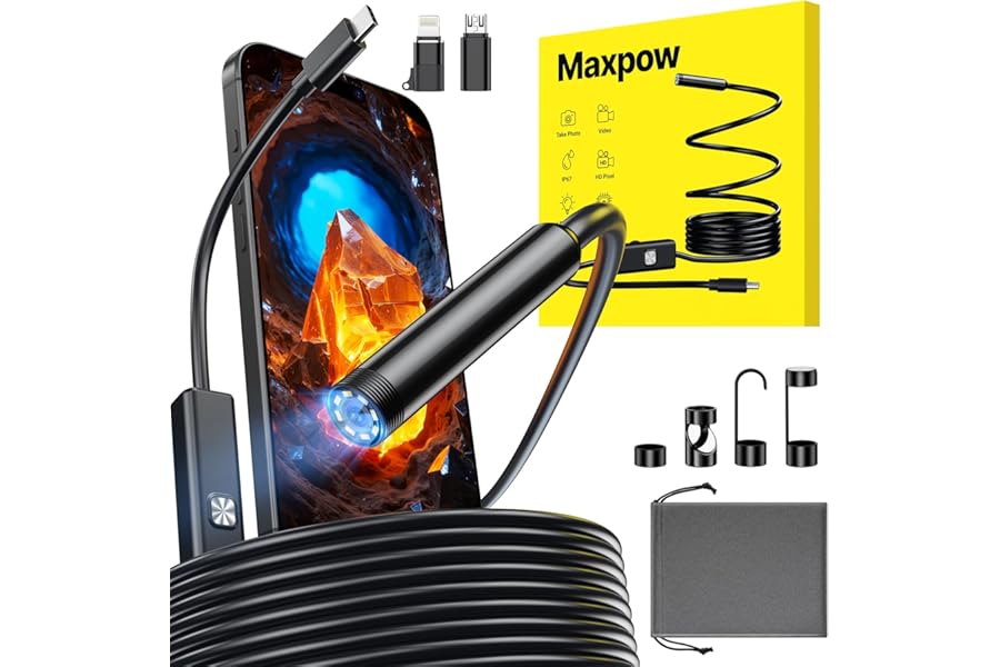 Maxpow Endoscope Inspection Camera – 1920HD IP67 Waterproof, Plug & Play for iPhone/Android (No WiFi) with Snapshot & Video, 5m Ideal for Engine and Plumbing