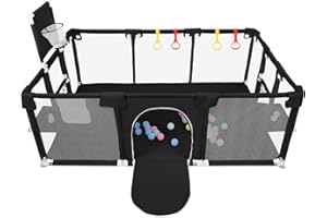 Belfoyer Grand Parc Bébé Modulable 180×120×66 cm avec Coins, 50 Balles, 4 Anneaux et 8 Ventouses – Aire de Jeux Sécurisée en Tissu Oxford – Noir