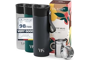 WILFORD & SONS Mug Isotherme Transportable Thermos Café avec Sangle & Infuseur à Thé en Acier Inoxydable – 360 ml | 6h Chaud - 10h Froid, Tasse à Café Inox Double-Paroi Isolée Sous-Vide, sans BPA, Etanche