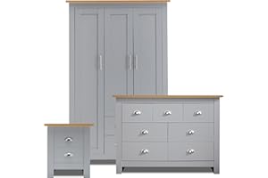 Blisswood 3 Piece Bedroom Furniture Set With 3 Door Wardrobe & 4+3 Drawer Chest of Drawer + 2 Drawer Bedside Table Cabinet for Bedroom Storage Furniture (Grey & Oak)