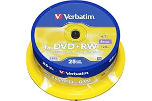 ‎VERBATIM Verbatim DVD+RW 4x Matt Silver 4.7GB, 25er Pack Spindel, DVD Rohlinge beschreibbar, 4-fache Brenngeschwindigkeit & Hardcoat Scratch Guard, DVD leer, Rohlinge DVD wiederbeschreibbar