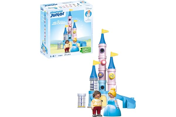 Playmobil 71457 Junior & Disney : Château de Cendrillon - avec Un Toboggan et Un Bouton Poussoir pour l'effondrement - Jouet fabriqué à partir de matière d'origine végétale - Dès 12 Mois