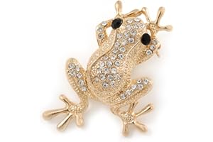 Avalaya Gold Plated Clear/Black Crystal Frog Brooch - 50mm L