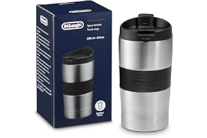 De'Longhi Termo de Acero Inoxidable DLSC074, Termo de Doble Pared para Bebidas Calientes y Frías, Fácil de Llevar, Anillo Deslizante de Silicona, 235 ml de Capacidad
