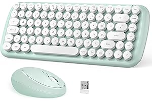KIZHAH Wireless Keyboard and Mouse Set, 2.4G Wireless Retro Typewriter Keyboard, Cute Round Key Caps Wireless Keyboard Mouse Combo, Keyboard Mouse Wireless For Windows, PC, Laptop, UK Layout(Green)