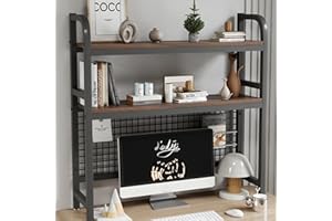 kyaoayo Regał na biurko, organizer na biurko, 2-poziomowy regał na książki, drewno orzechowe z Ameryki Południowej, czarna rama nośna ze stali nierdzewnej, wyposażona w płytę perforowaną. (115 × 20 ×