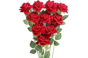 JUSTOYOU 12 Piezas Flores Artificiales Rosas Flores de Terciopelo Falso Falso Tallo Largo Rosas Artificiales Ramo de Flores para Bodas Decoraciones para el hogar (Rojo)