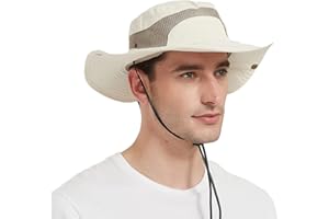 BIGOCO Sombrero de Hombre para El Sol - Pescador Safari Protección UV, Trekking Malla Algodon, Ala Ancha Explorador