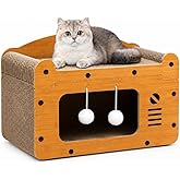 MADPET Kedi Tırmalama Evi - Ahşap Kedi Oyun Evi 56x27x30 cm - Karton Tırmalama Tahtalı Uyku Yuvası - Sallanan Top Oyuncaklı T
