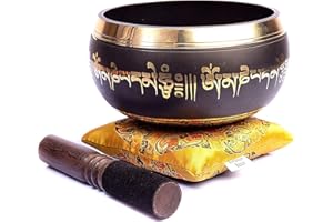 Himalayan Bazaar - Set con campana tibetana, facile da suonare, realizzato a mano, per meditazione tramite il suono, 10 cm, per la guarigione dei 7 chakra
