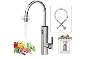 Briwellna elektrische wasserhahn 220V wasserhahn mit durchlauferhitzer 360 Grad Rotieren und Digitalanzeige,Warmwasserhahn mit Universelle Düse(Silber)