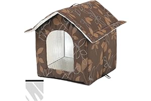 LUNNTE Maison pour chat d'extérieur - Niche pour chat pour l'extérieur - Résistante à l'hiver - Imperméable - Film d'aluminium isolé combiné avec rideau transparent amovible (L, marron)