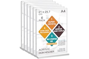 ROSSHINE A4 Acrylic Sign Holder, 6pack T-Shape Double-Side A4 Perspex Display Stand, Clear Poster Menu Holders for Office Shop Restaurant School