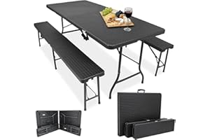 Devillo® Bierzeltgarnitur klappbar 3‑teilig – Tisch 180x74x72 cm + 2 Bänke 180x25x43 cm – Campingtisch, wetterfest & pflegeleicht, Anti‑Rutsch – mit Tragegriffen – für Camping, Garten – Rattanoptik
