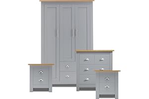Blisswood 4 Piece Bedroom Set With 3 Door Wardrobe & 2+2 Drawer Chest of Drawer + 2 Drawer 2 Bedside Table Cabinet Bedroom Furniture Set for Bedroom Storage furniture (Grey & Oak)