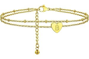 PROSTEEL Pulsera Tobillera de Dos Capas con Dije Corazón y Letras Iniciales A-Z para Mujeres Señoritas Chicas, 22cm+5cm Tobillera Ajustable de Acero Inoxidable Color Dorado/Platino