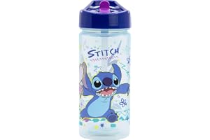 STOR Vattenflaska Stitch med Integrerat Sugrör 530ml - BPA-fri - Fyrkantig Plastflaska Barn