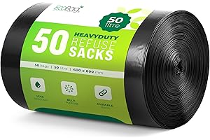 EcoBag - 50 Pack Strong Heavy Duty Refuse Sacks - Recyclable Bin Bags, Leak Resistant, Eco-Friendly, Durable Waste Disposal Bags For Large Kitchen Bins, Pedal Bins, Household, 33 Micron (Μm) /50l