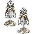 Rubans Oxidised Silver Plated Dual Tone Gold and Silver Handcrafted Peacock Jhumka Earrings with Pink Stone Detailing for Women and Girls, Perfect for Festive and Special Occasions
