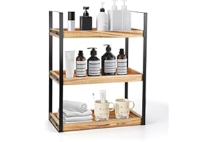 ‎MUCOOS MUCOOS 3 Ebenen Standregal Badezimmer Organizer, Feuchtigkeitsgeschützt Holzregal Badezimmer Braun Regal Holz mit Metallgestell, Multifunktionales Gewürzregal, Schreibtisch-Organizer für Küche