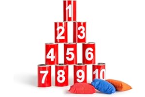 BS Toys-GA093 Chamboule Tout-Jouets d'extérieur-À partir de 3 Ans-Jeu Enfants-Boîtes de Bonserve Rouges Numérotées et 3 Sacs à Lancer, GA093, Taille Unique