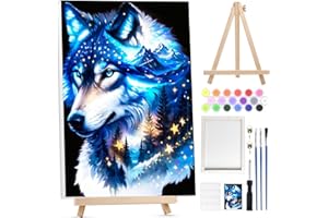 Bowetile Wolf Paint by Numbers for Adults with Framed Canvas&Wooden Easel, Painting by Numbers Kit for Adults Beginners Canvas Kit, DIY Acrylic Pigment Drawing Paintwork for Home Decor, 20x30cm