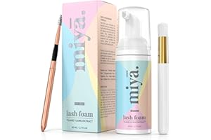 Miya Lash Shampoo w/Rose Gold Mascara Wand & Brush | Paraben, Sulfate Free Eye lash Cleanser for Extensions | Makeup Remover Eyelid Wash | Foaming Eyelash Extension Cleanser 50ml | Home & Salon Use
