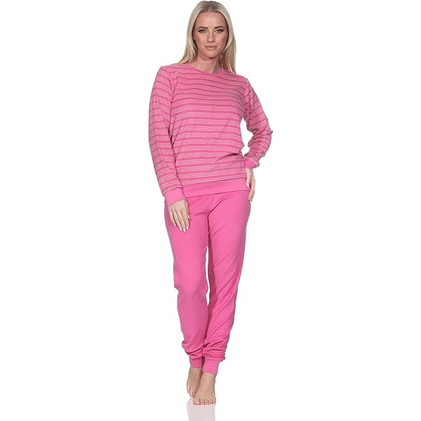 Normann Badstof pyjama voor dames, lang, met manchetten, gestreepte broek, ook in grote maten, 52-54