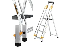 DRABEST SCALETTE SERIE PRO Scala Domestica in Alluminio a 4 Gradini con Corrimano 150kg Scaletta Multiuso Pieghevole - Scaletta in Alluminio 43x147x12cm