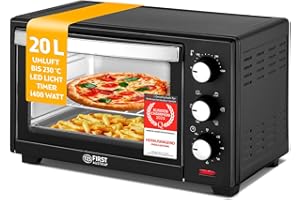‎TZS FIRST AUSTRIA TZS First Austria - Minibackofen 20L 1380W - Mini Backofen stufenlose Temperaturregelung bis 230°C - Miniofen 60 Min. Timer, 3 Einschubhöhen, Backblech & Grillrost - Für kleine Küchen & Camping