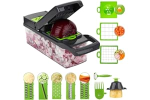 VacFreKep Picadora de verduras, picadora de cebolla profesional, picadora de alimentos multifuncional 14 en 1, cortadora de verduras de cocina, picadora de verduras con 8 cuchillas