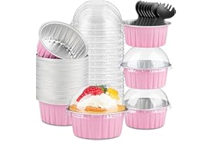 KAHEIGN 50 Pièces Mini Moules à Gâteaux avec Couvercles et Cuillères, 150ml Plats de Cuisson Ronds en Papier D'aluminium Petites Caisses à Pain Coupes pour Pain Dessert Pique-Nique Fête (Argent Rose)