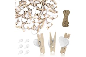Andiker Mini a Forma di Cuore Clip di Legno, Mollette in legno naturale con corda di iuta da 10 m, ganci decorativi per foto, feste di matrimonio, decorazioni per biglietti e artigianato (50 pezzi)