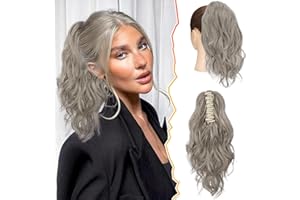 BARSDAR Claw Clip Ponytail Extension, 14'' Short Wavy Ponytail Hair Extensions for Women Gray Ponytail Thick Synthetic Clip in Pony Tails Hairpieces for Women Girls Daily Party (Gray Mixed)