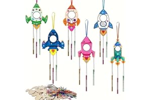 Toyhood 12 Pieces DIY Rocket Wind Chime Craft Set, DIY Wooden Wind Chime Craft Craft, Space Birthday Party Decoration, for Girls Boys Children's Birthday Party