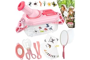 nuyikaso Bug Catcher for Kids 6 Pcs Bug Hunting Kits for Children with 12 Fake Insects 360° Rotating Viewing Angle Magnifying Glass Outdoor Explorer Educational Toys Gifts for 3-8 Years Old Pink
