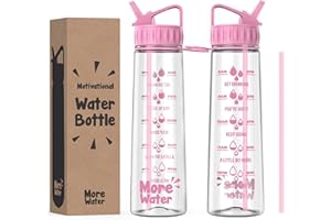 More Water Bottle With Straw, Motivational Time Markings 900ml - Drinking Tracker Bottles - Times to Drink - BPA Free Sports Bottles