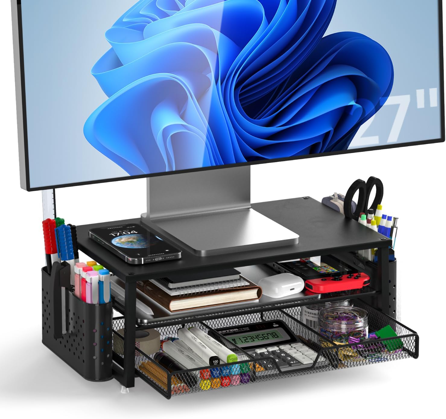 MOWETOO Soporte para monitor con 2 niveles, soporte para impresora, soporte para monitor con plataforma de rejilla, cajón y soporte para bolígrafos, adecuado para portátiles, ordenadores, PC