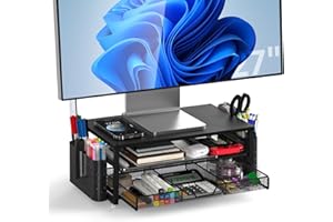 MOWETOO Monitor Ständer mit 2 Ebenen,Druckerständer, Monitorständer mit Gitterplattform, Schublade und Stifthalter, geeignet für Laptop, Computer, PC, Drucker, Beamer bis zu 20 kg (Matte Black)