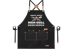 XCSJKJ Kochschürze Herren Grillschürze für Männer Schürze Lustig, mit 4 Taschen Grill schürze für Männer Küchenschürze Herren Personalisiert Grill Schürze MEIN GRILL GOTT