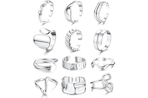 JeryWe 12PCS Adjustable Rings Set for Women, Chunky Finger Stackable Rings Gold Silver Plated Thick Open Rings, Knuckle Twisted Minimalist Rings Set