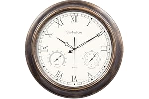 SkyNature Wasserdichte Außenuhr, 45,7 cm große Außenuhren mit Thermometer & Hygrometer-Kombination, leise, batteriebetriebene Metall-Wanduhr für Wohnzimmer, Terrasse, Garten, Pool Dekor - Bronze