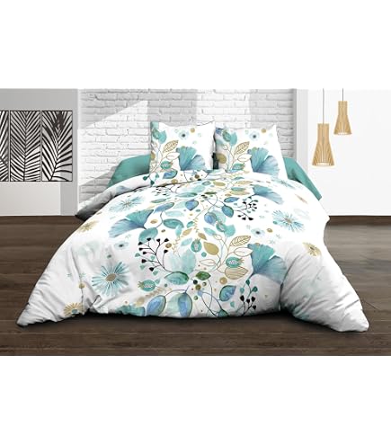 Le Linge De Jules Parure Lenzuola Matrimoniali In Puro Cotone – 140x190 Cm + 240x300 Cm + 2 Federe 63x63 Cm, Blu/Giallo, 57 Fili/cm²