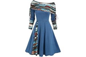 JKJFJKA Weihnachten Schulterfrei Kleider für Damen Vintage Druck Patchwork A-Linie Kleid Lässig Locker Fließend Swing Cocktail Party Abschlussball Kleider Weihnachten Maxi Kleid für Damen