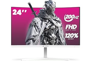 CRUA 24" zakrzywiony monitor gier, 165 Hz/200 Hz, FHD 1920 x 1080, 99% sRGB, AMD FreeSync, filtr światła niebieskiego, do gier i biura, montaż ścienny - biały