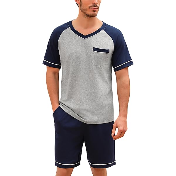 Herren Pyjama Set 2-teilig - Baumwolle Schlafanzug Kurzarm Mit Tasche
