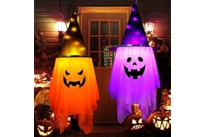 Pipihome Halloween Deko Outdoor, 2 Stück Halloween Geist Gartendeko, Hexenhut Ghost LED Hängelicht, Halloween Garten Dekoration Innen Außen für Party, Terrasse, Rasen, Bäume Deko