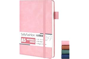 SALLYFASHION Notatnik A5 w linie, 360 stron, skórzana, twarda okładka, dziennik, notatnik 80 g/m², papier kwadratowy, z gumową taśmą, do planowania, nauki, projektów podróżnych, kolor różowy