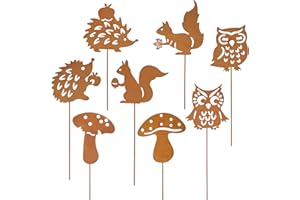 EUIOOVM Lot de 8 piquets de décoration de jardin en rouille - En métal - Pour l'automne - Aspect rouille - Avec hérisson, hibou, champignons, écureuil - Pour pot de fleurs intérieur, terrasse, bonsaï, jardin
