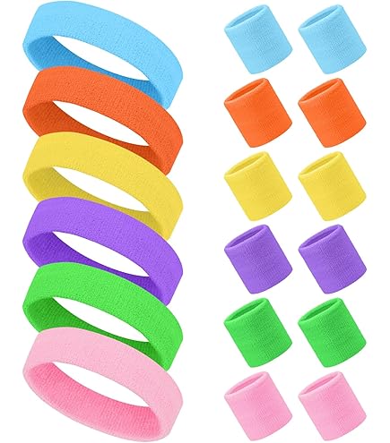 Bandeau Tennis Enfant 12 Pièces Serre Poignet Fluo Annees 80 Et élastique Bandes D Année 80